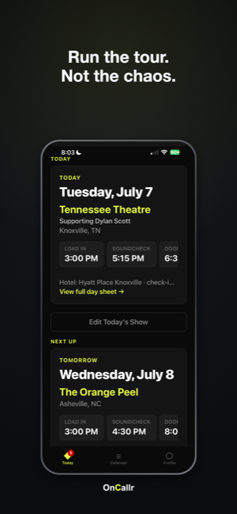 OnCallr Today screen — the show day at a glance