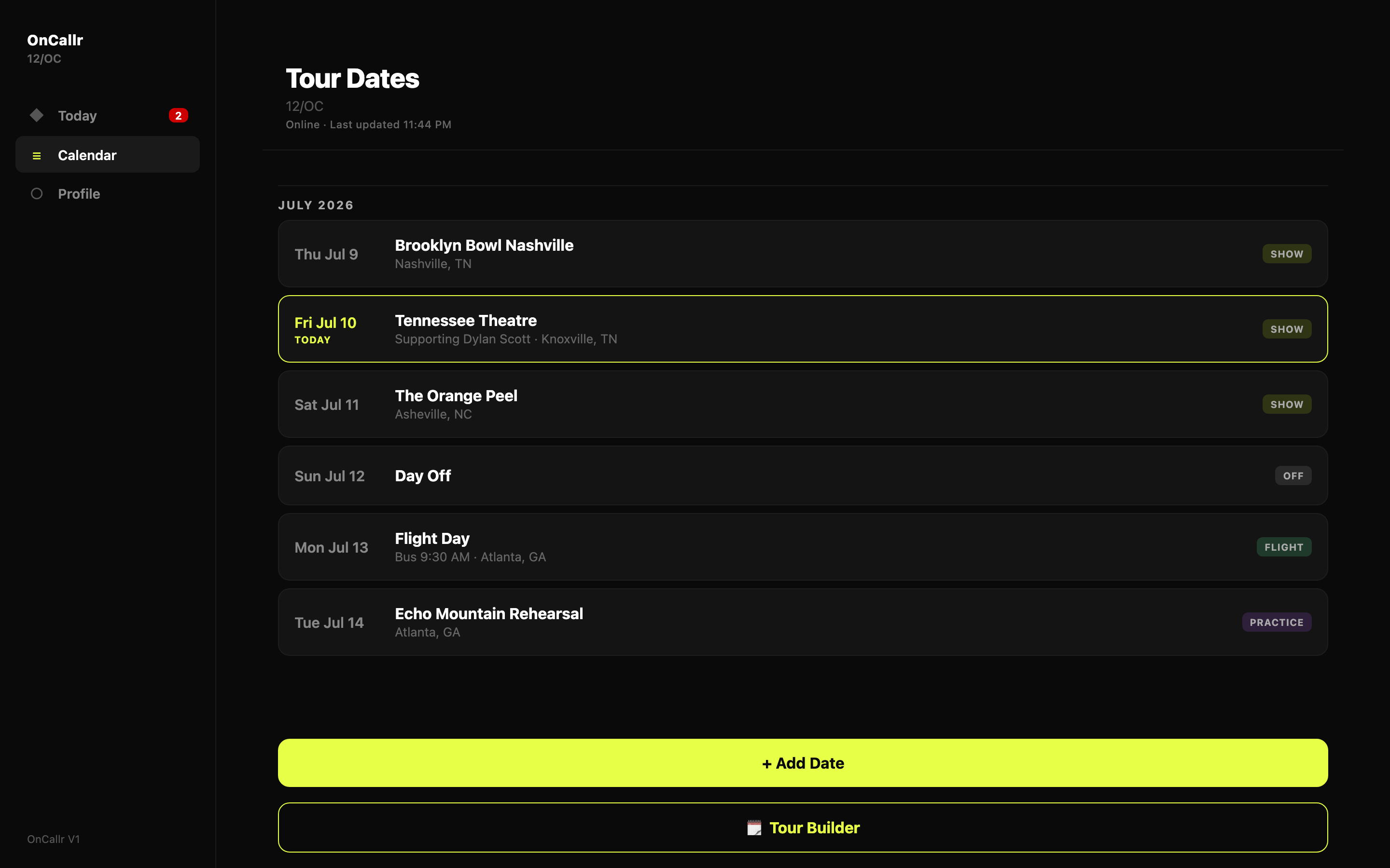 OnCallr Web Portal — full tour calendar with show, travel and off days