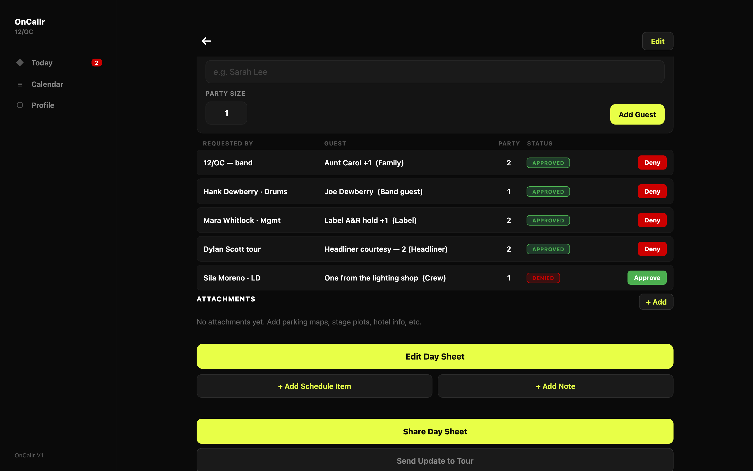 OnCallr Web Portal — guest list management with approve and deny